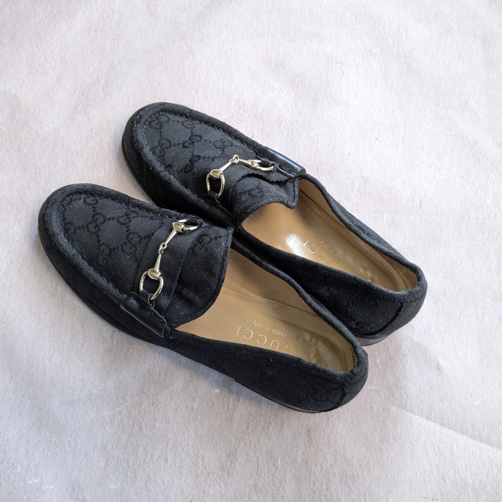 Gucci Horsebit Loafers Black Monogram Canvas Logo Women 7 B - Picture 11 of 16
